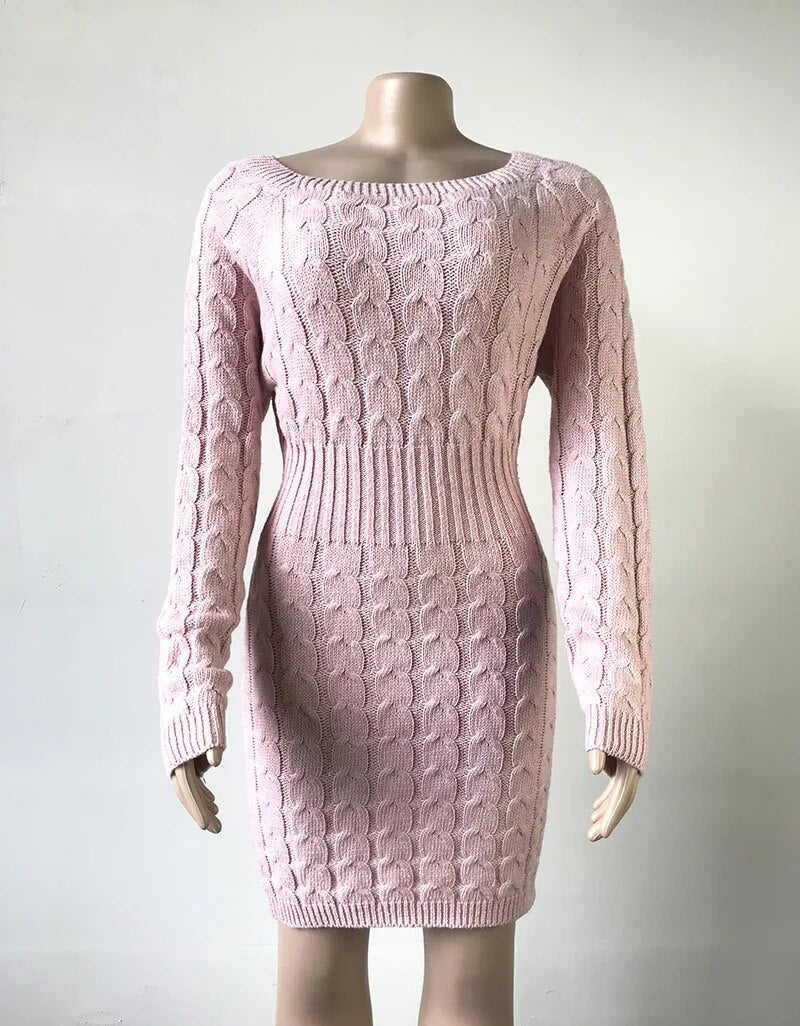 Casual Slash Neck Mini Twisted Sweater Women Vintage Autumn Winter Long Sleeve Knitted Dress Female Bodycon Outwear Dresses