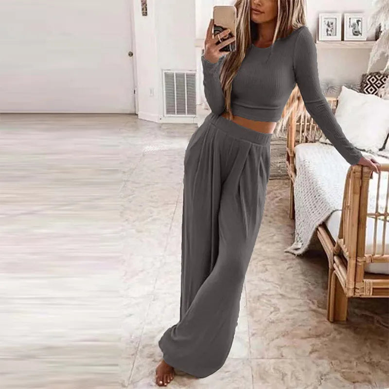 Autumn Women's Solid Knitted Casual Home Wear Slim Tops Two-Piece Wide Leg Pants Set Ladies Clothes Winter Fashion Commuter Suit