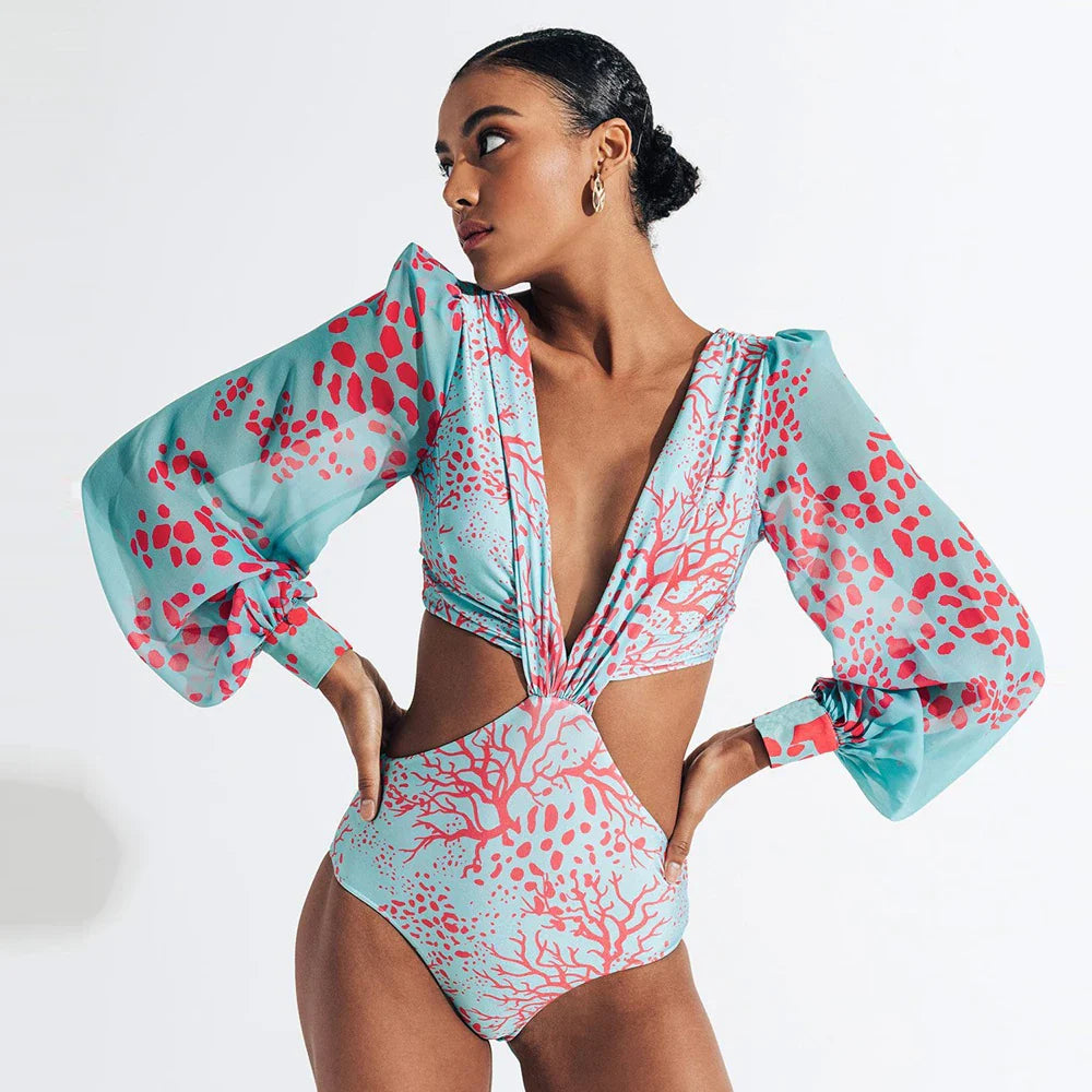 One Piece Swimsuit 2024 Long Sleeve Swimwear Women Hollow Out Print Monokini Sexy Black Bathing Suit String Backless Beachwear