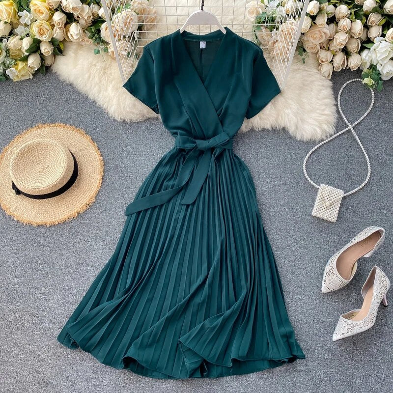Vintage Slim v neck bandage pleated Dress Summer midi long elegant dress vestido de festa Women tunic Dresses