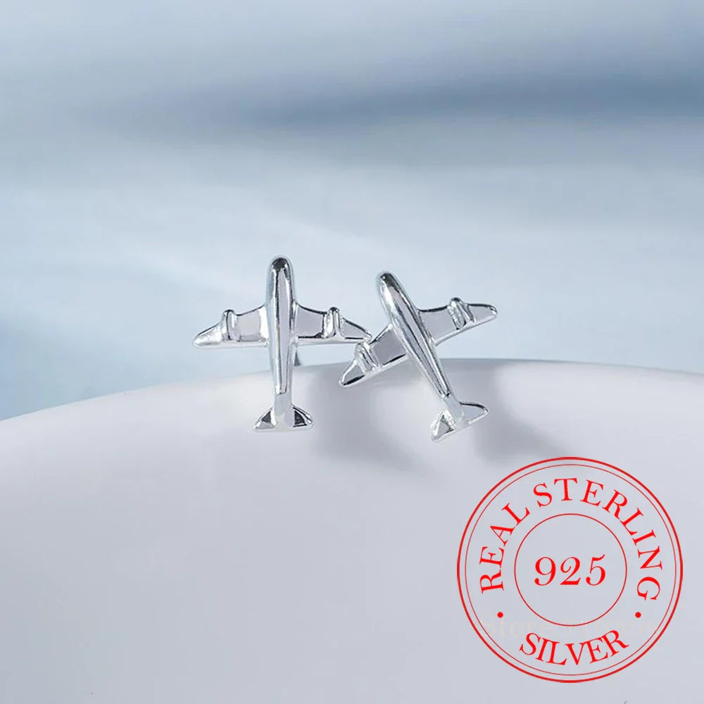 925 Sterling Silver Airplane Stud Earrings For Women Girls Wedding Gift Pendientes Mujer Female Pendientes Brincos