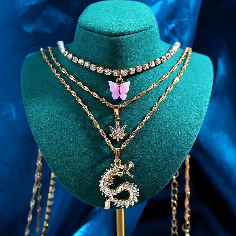 New Multi Layer Butterfly Dragon Charms Crystal Necklaces For Women Punk Golden Angel Letter Clavicle Chain Hiphop Gifts Jewelry