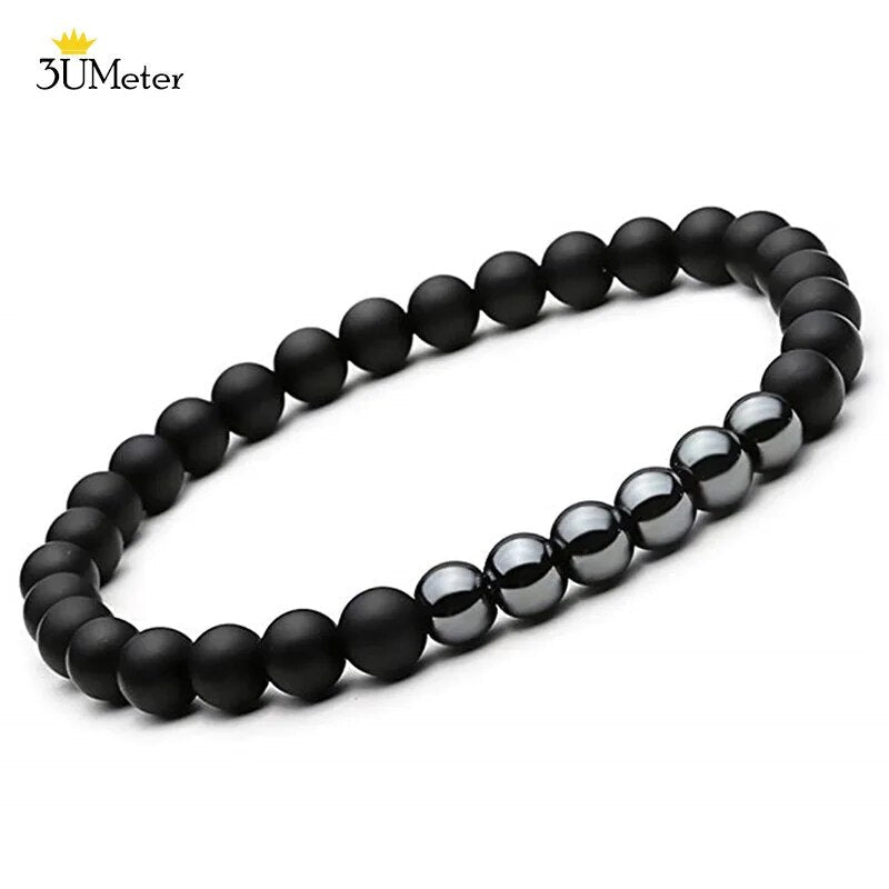 2PCS Natural Striped Agates Matte Black Onyx Beaded Bracelet for Women Men Natural Stone Hematite Bracelet Jewelry Pulseras