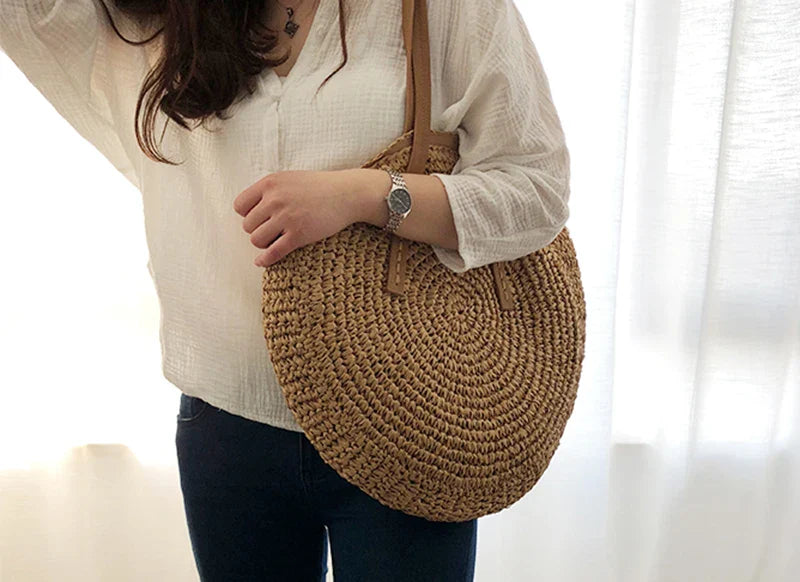 Round Straw Beach Bag Vintage Handmade Woven Shoulder Bag Raffia circle Rattan bags Bohemian Summer Vacation Casual Bags