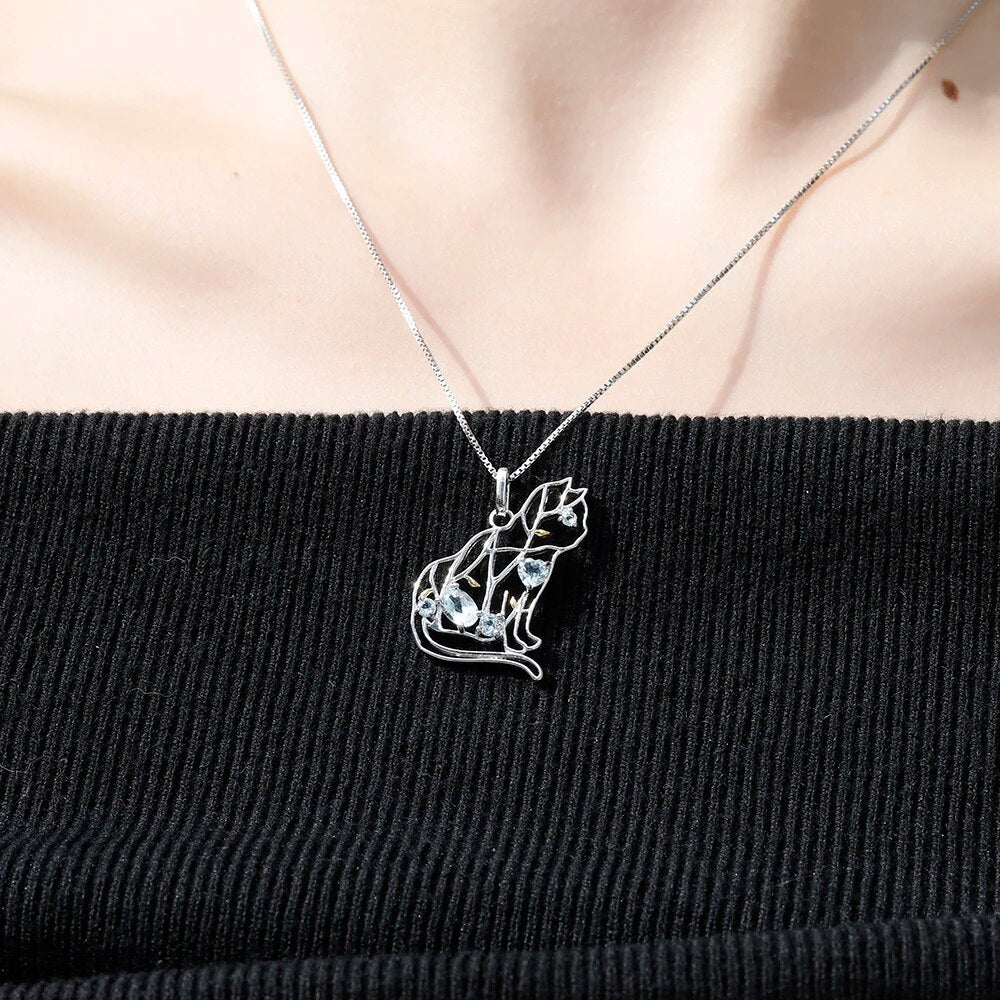 GEM'S BALLET Cat Shape Natural Sky Blue Topaz Animal Jewelry 925 Sterling Silver Handmade Gemstone Pendant Necklace For Women