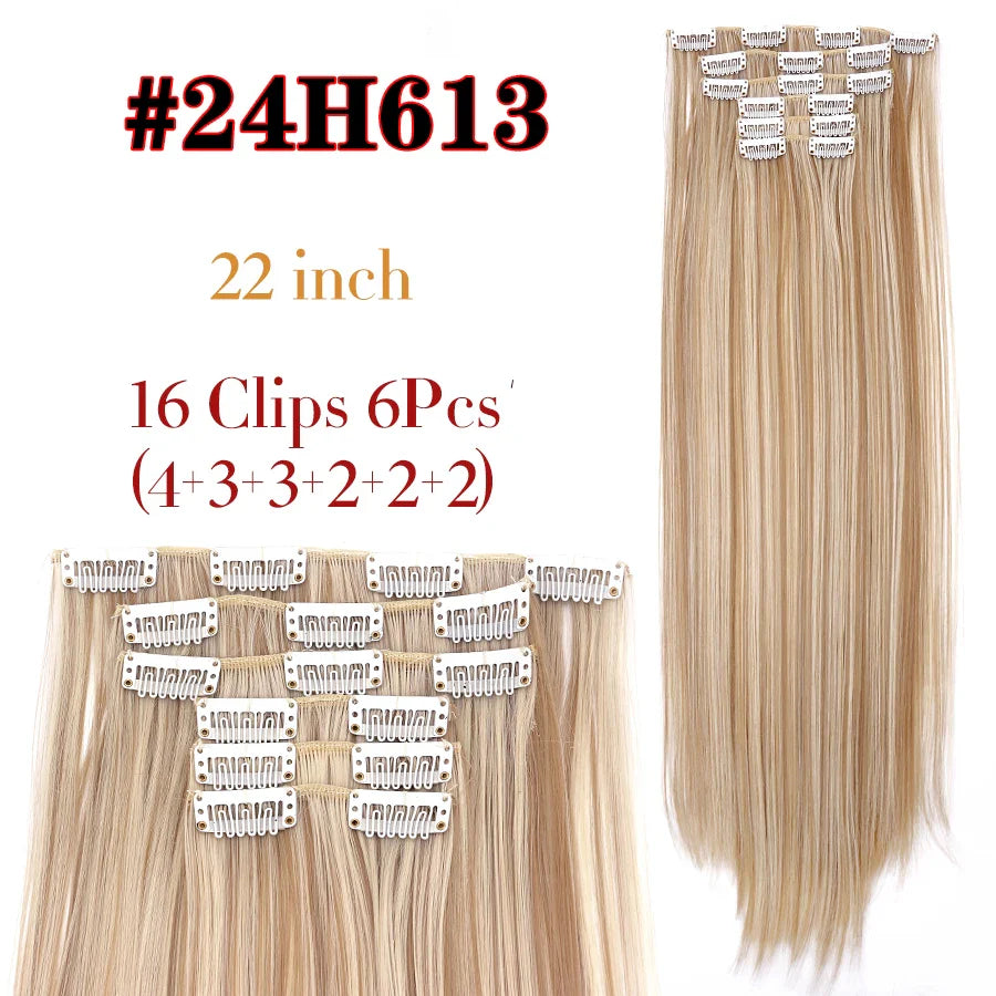 Leeons 16Clips Long Straight Synthetic Clip On Hair Extensions Cheveux Clip Naturel High Temperature Fiber Black Brown Hairpiece