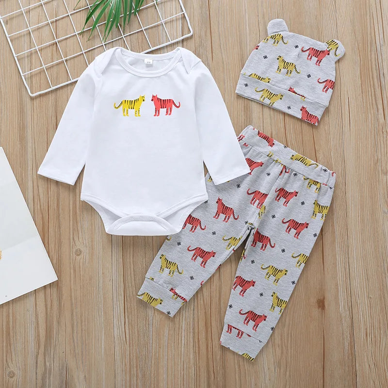 Infant Baby Boy Clothing Set 2020 Fall Fashion Animal Tops Romper+Tiger Printed Pants+Hat 3PCS Newborn Baby Girl Clothing Sets
