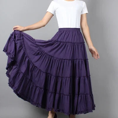Boho Beach Midi Umbrella Long Skirts Summer Femininas Sundress Maxi Cotton Skirts Elastic Waist Pleated Spliced Patchwork Skirts