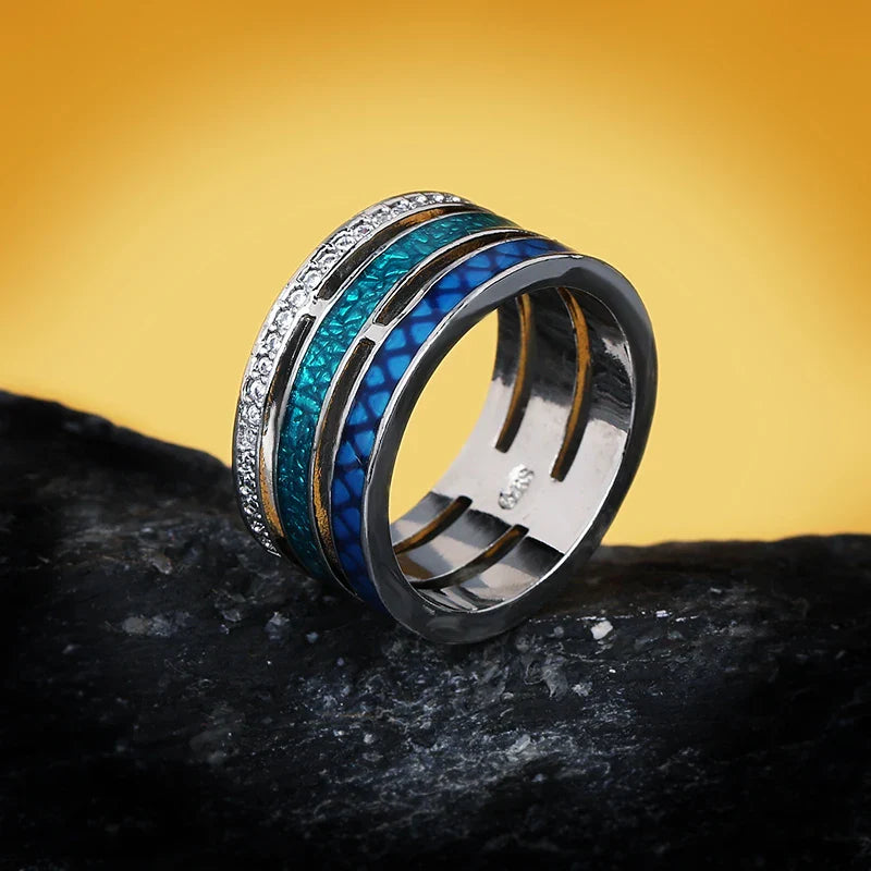 Creative Rings for Women Three-layer Blue Zircon Geometric Ring Handmade Enamel Women's Jewelry Engagement Rings for Women