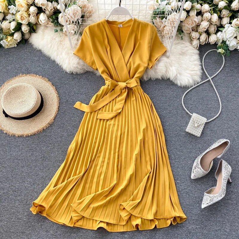 Vintage Slim v neck bandage pleated Dress Summer midi long elegant dress vestido de festa Women tunic Dresses