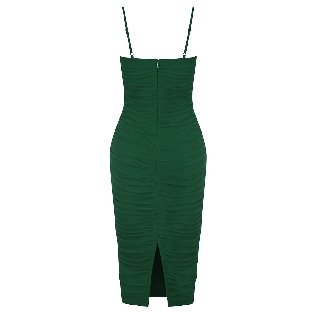 New Mesh Draped Midi Bandage Dress Bodycon Women's Summer  Dress Evening Club Outfits