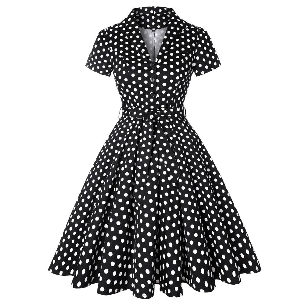Autumn Cotton Vintage Tunic Midi Dress 50S Short Sleeve 4XL 70s Robe Swing Retro Floral Print White Rockabilly Office Vestidos