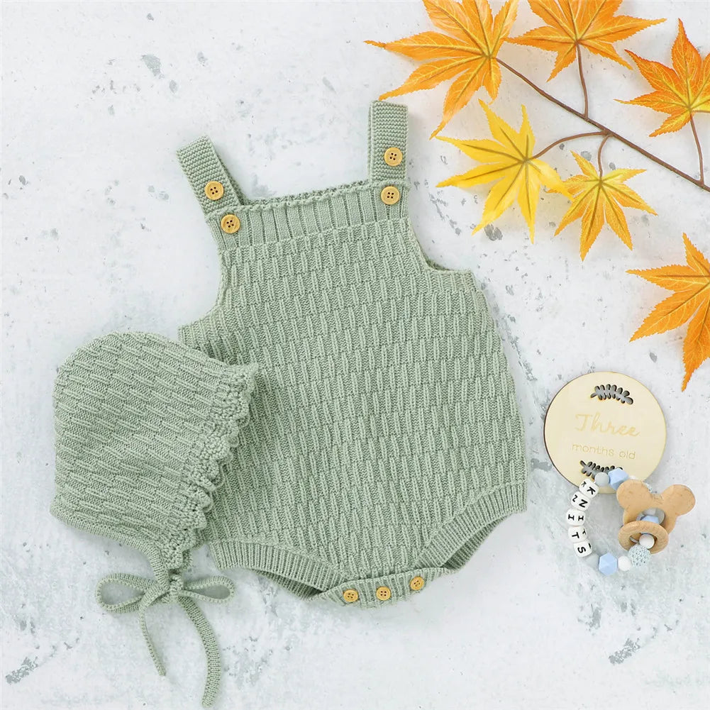 Baby Spring Autumn Clothes Set Knitted Romper Triangle Crotch Button One-Piece Jumpsuit+Hats Toddler Baby Boys Girls 2Pcs