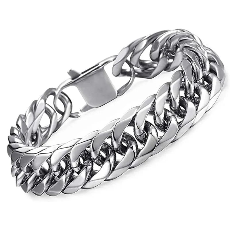 HNSP 316L Stainless Steel LA Cuban Link Chain Bracelet For Men Punk Hip Hop Silver Color Hand Chain 8/10/12/14MM Thick