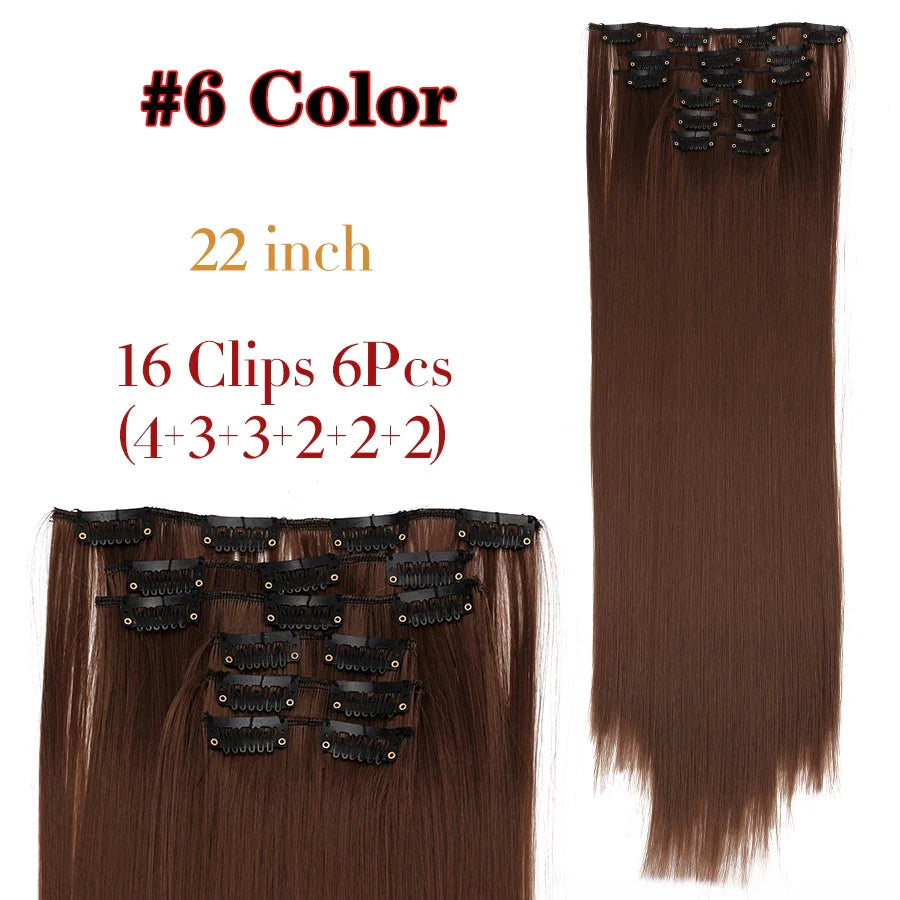 Leeons 16Clips Long Straight Synthetic Clip On Hair Extensions Cheveux Clip Naturel High Temperature Fiber Black Brown Hairpiece