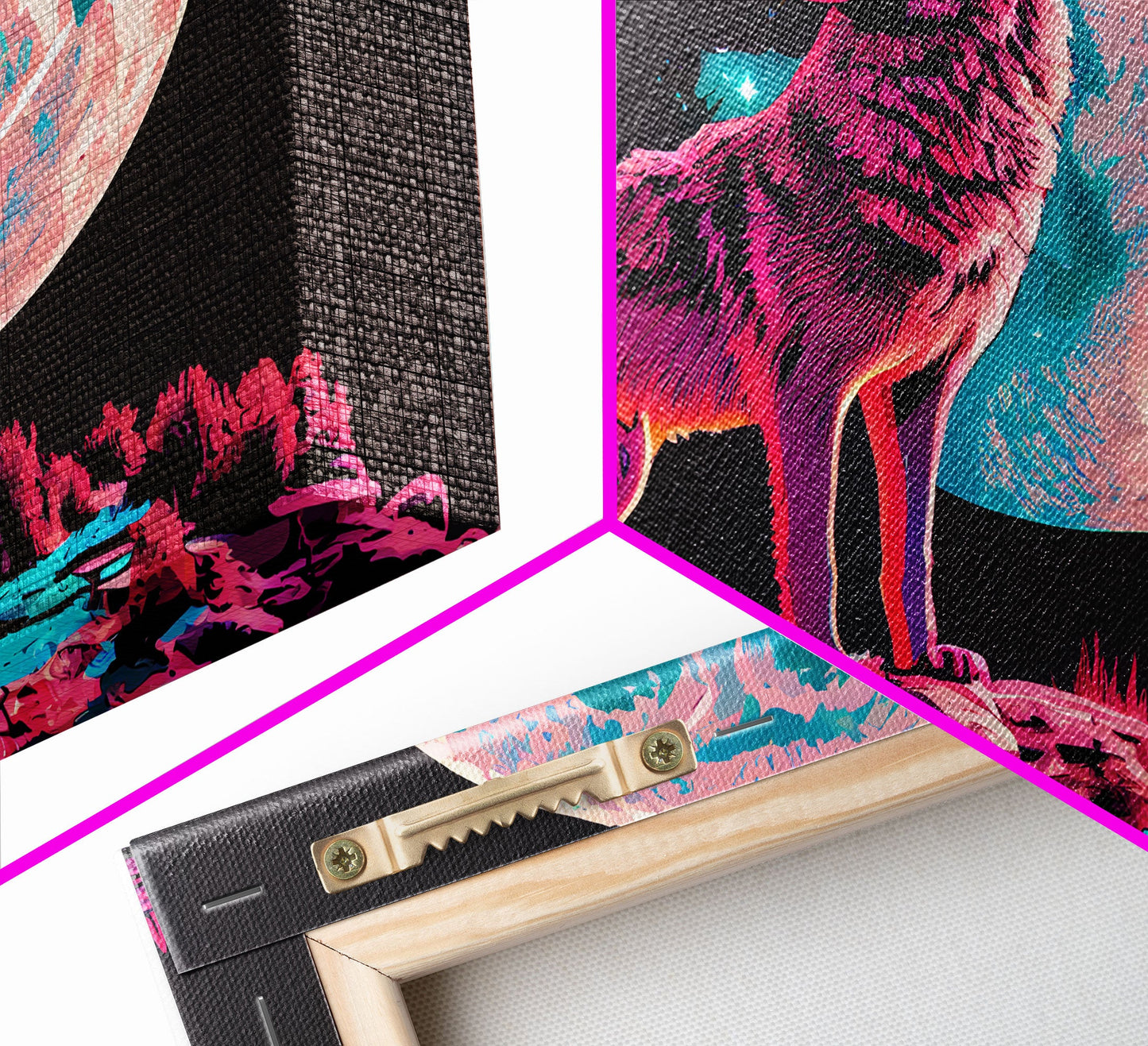 Howl at the moon, wolf art, framed canvas print, synthwave / vaporwave art
