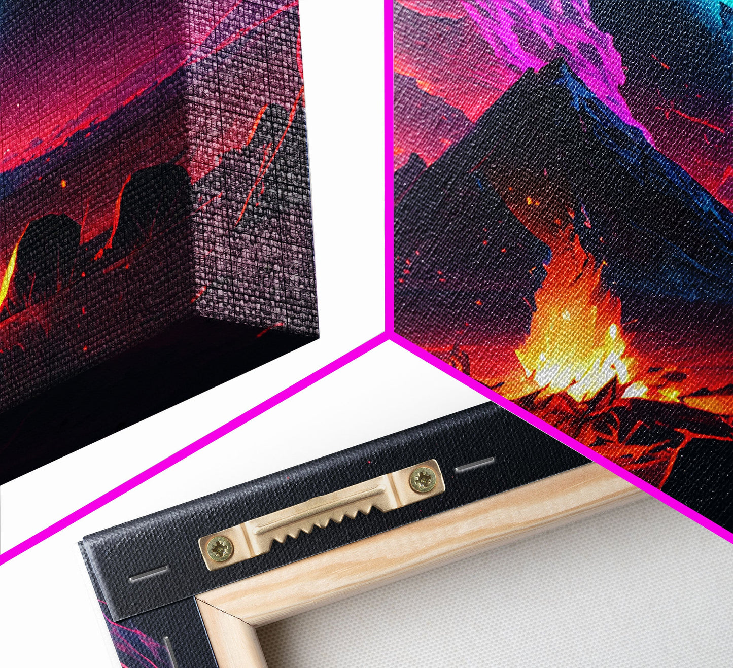 Campfire under a Full Moon, Framed canvas print, retro synthwave / outrun style primitive home decor