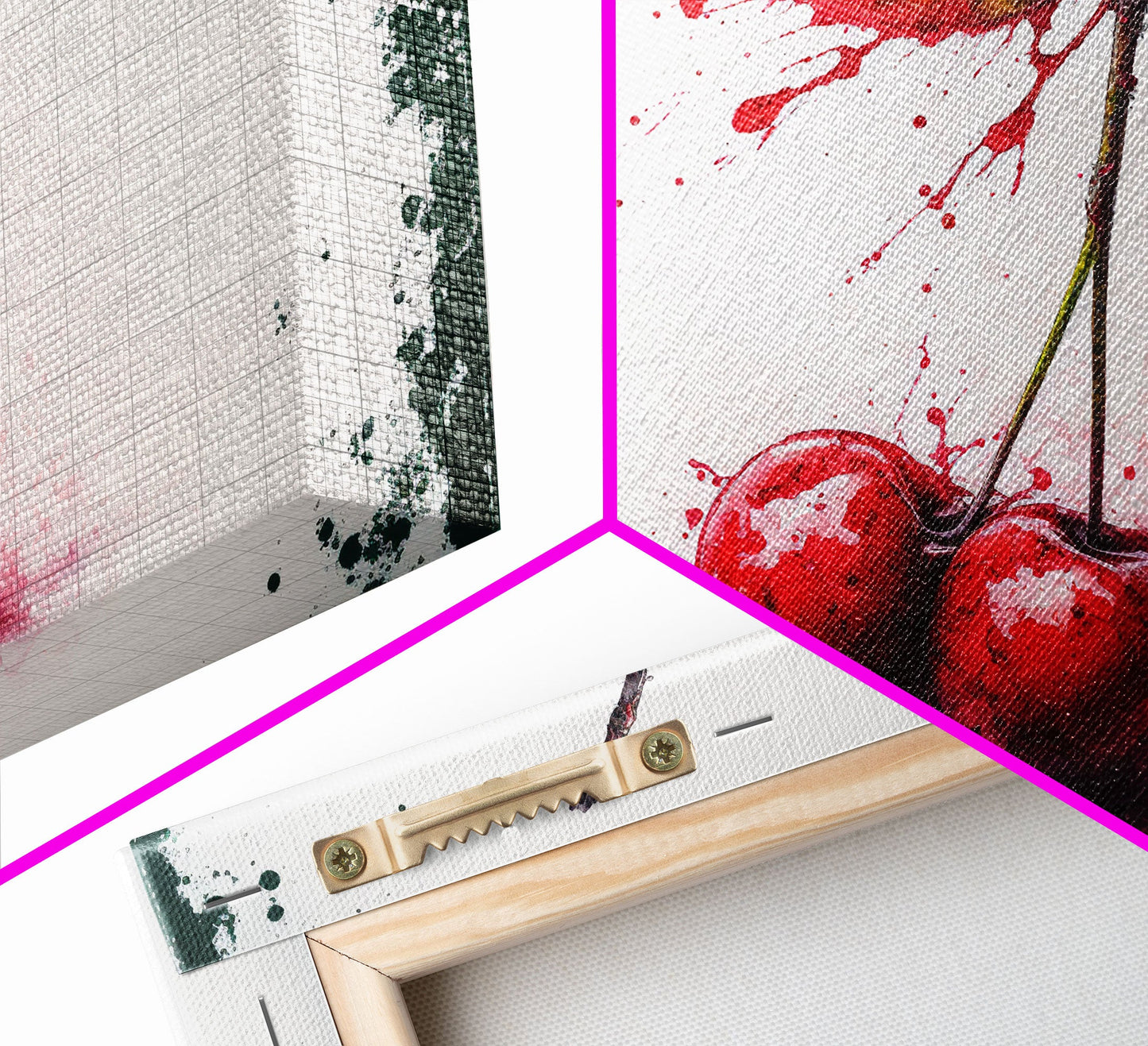 Watercolor Cherry, Still Life Paint Splatter Art, Framed Canvas Print, Fruit Art, Cherries with Stems Watercolor Painting