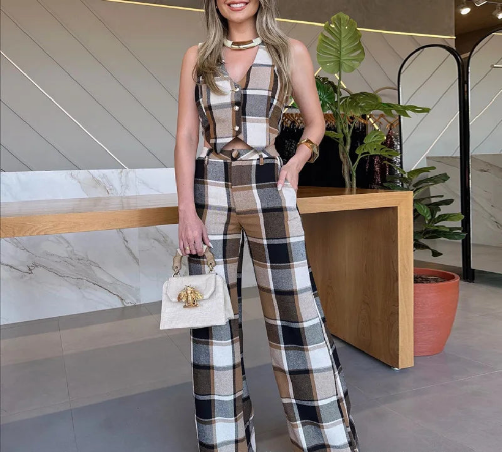 Mandylandy Khaki Plaid Sleeveless Vest Suit Straight-Leg Pants 2-Piece Sets Outfits Women Summer Fashion Vests Coats Trousers