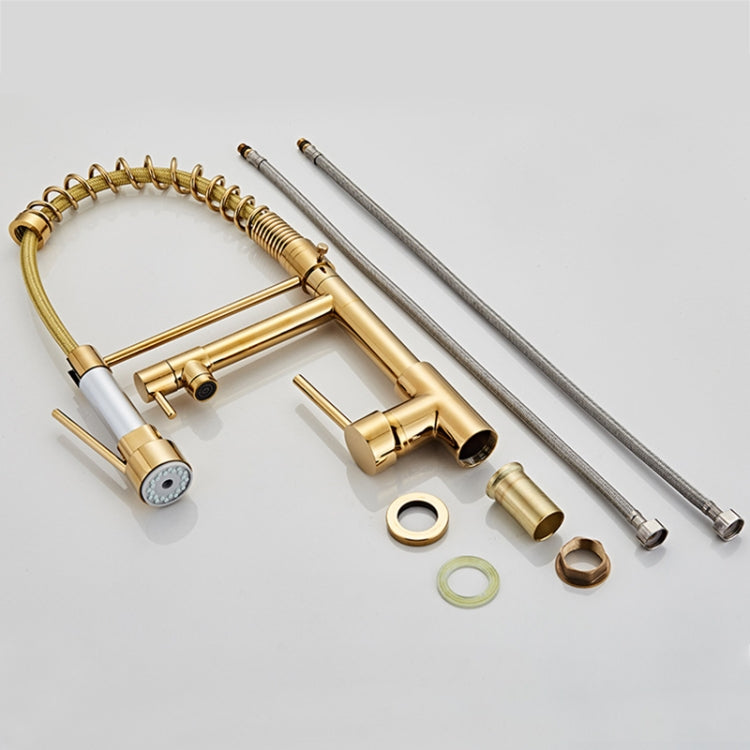 Copper Pull Type Large Spring Double Outlet Kitchen Sink Hot Cold Faucet, Gold