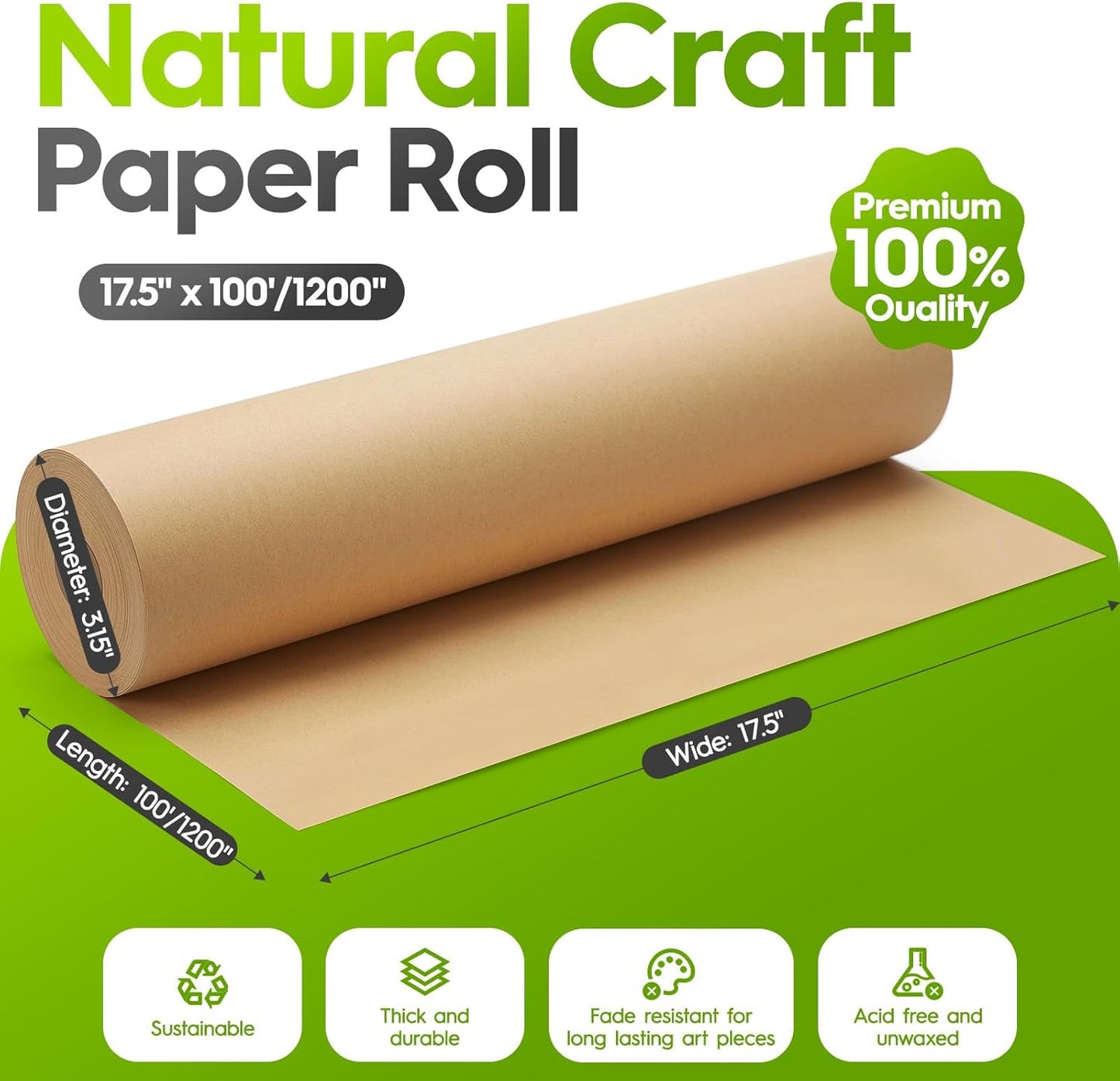 17.5 Inch x100ft Brown Kraft Paper Roll Craft Wrapping Paper | 16 Roll Wholesale