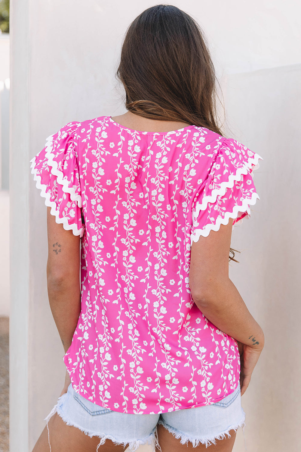 Rayna Floral Ric-rac Tiered Ruffled V Neck Blouse