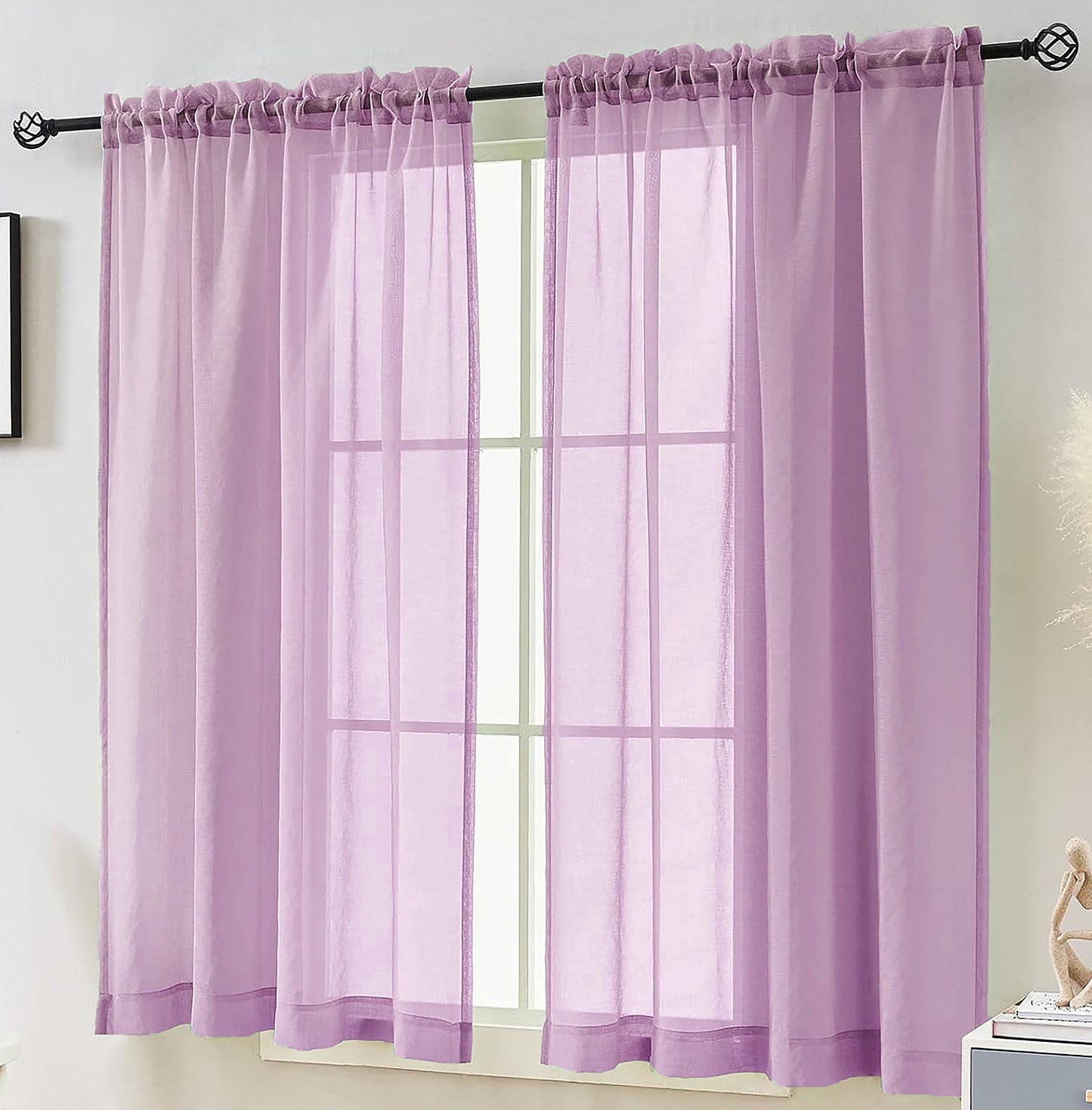 63" Inches Long - Lilac Sheer Window Rod Pocket Curtain Set (2 Panels)
