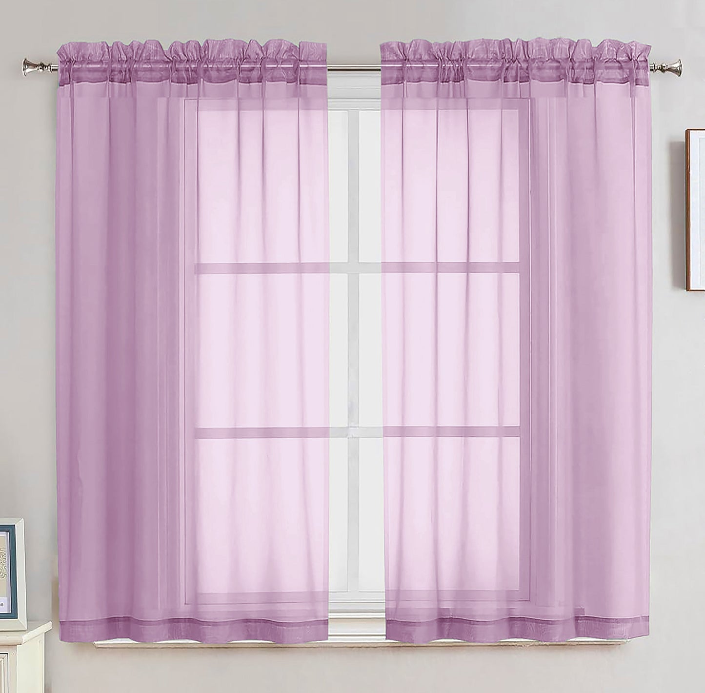 63" Inches Long - Lilac Sheer Window Rod Pocket Curtain Set (2 Panels)
