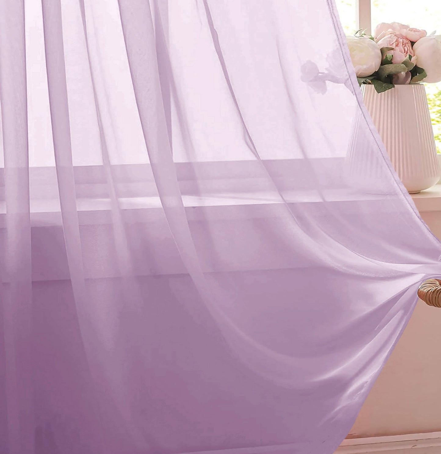 63" Inches Long - Lilac Sheer Window Rod Pocket Curtain Set (2 Panels)