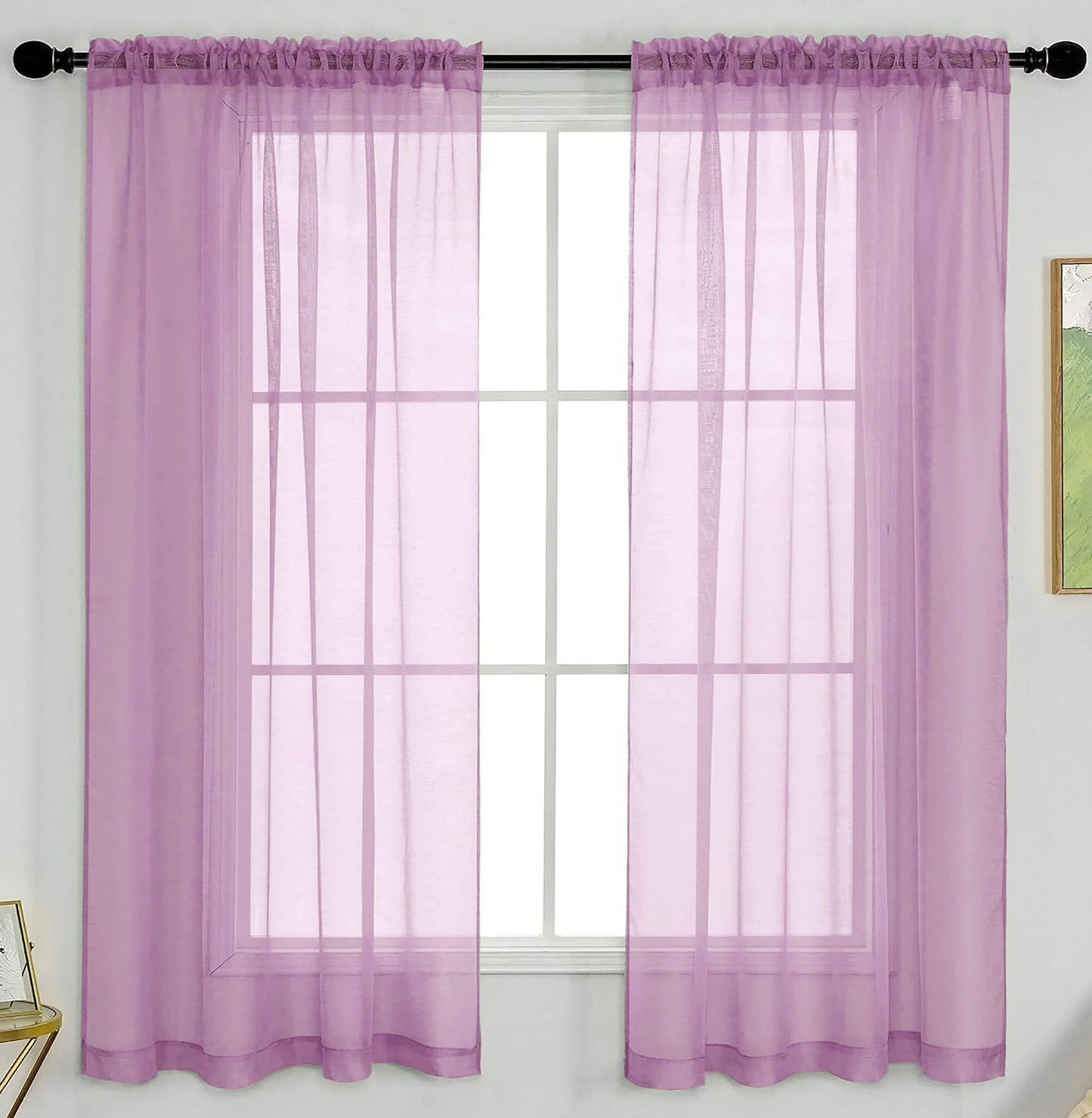 63" Inches Long - Lilac Sheer Window Rod Pocket Curtain Set (2 Panels)