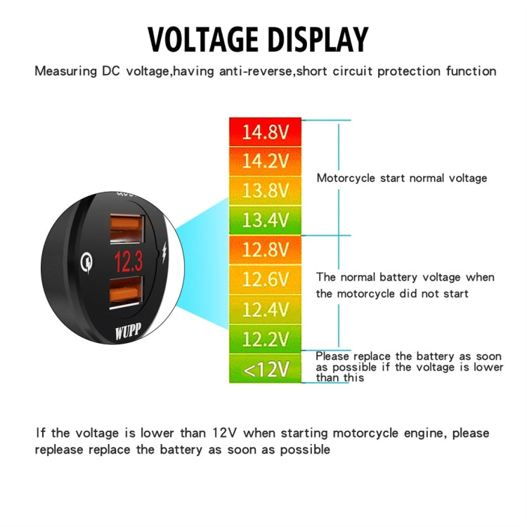 WUPP ZH-975A3 Motorcycle Aluminum Alloy Waterproof Mobile Phone Double QC3.0 Quick Charging Charger with Voltmeter, ZH-975B3, ZH-975A3