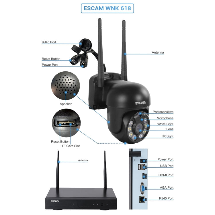ESCAM WNK618 3.0 Million Pixels 8-channel Wireless Dome Camera HD NVR Security System, Support Motion Detection & Two-way Audio & Full-color Night Vision & TF Card, AU Plug