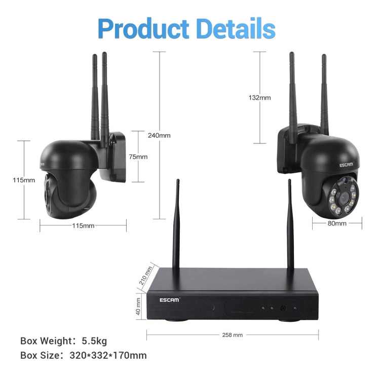 ESCAM WNK618 3.0 Million Pixels 8-channel Wireless Dome Camera HD NVR Security System, Support Motion Detection & Two-way Audio & Full-color Night Vision & TF Card, UK Plug