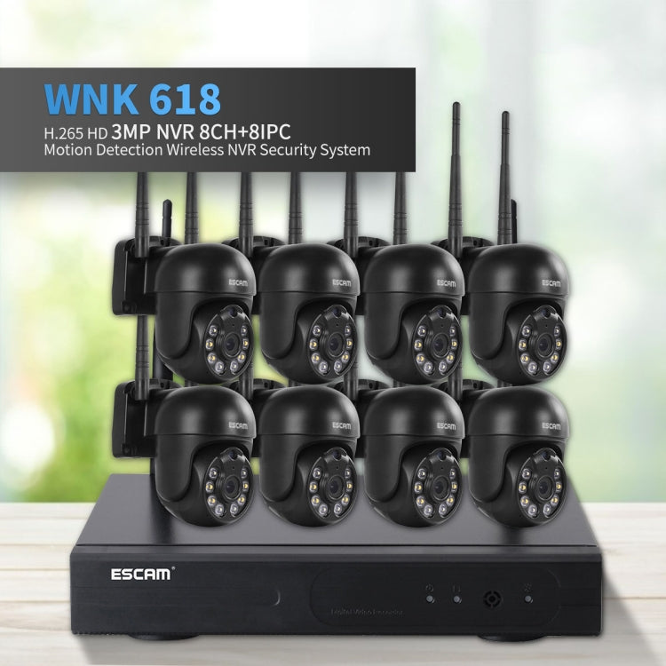 ESCAM WNK618 3.0 Million Pixels 8-channel Wireless Dome Camera HD NVR Security System, Support Motion Detection & Two-way Audio & Full-color Night Vision & TF Card, US Plug
