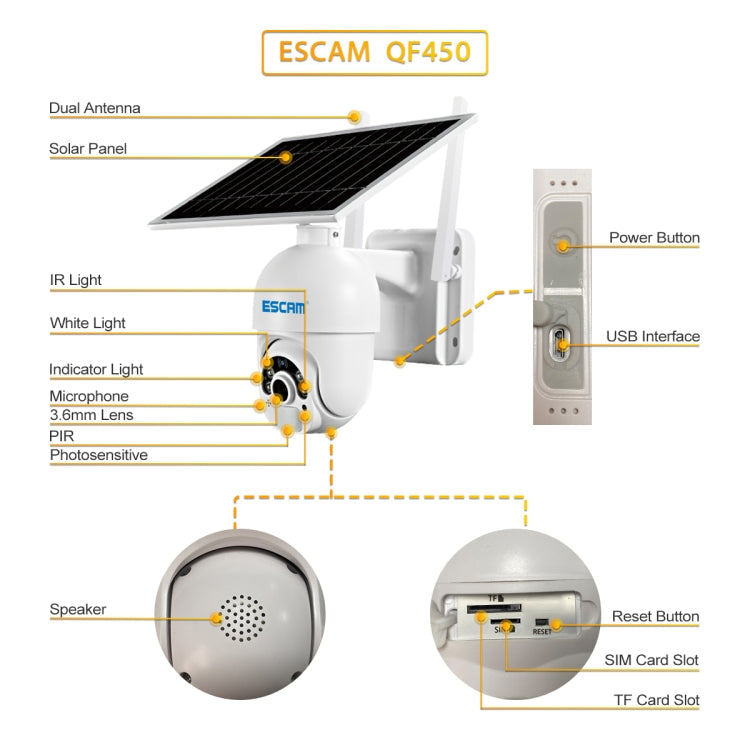ESCAM QF450 HD 1080P 4G US Version Solar Powered IP Camera without Memory, Support Two-way Audio & PIR Motion Detection & Night Vision & TF Card