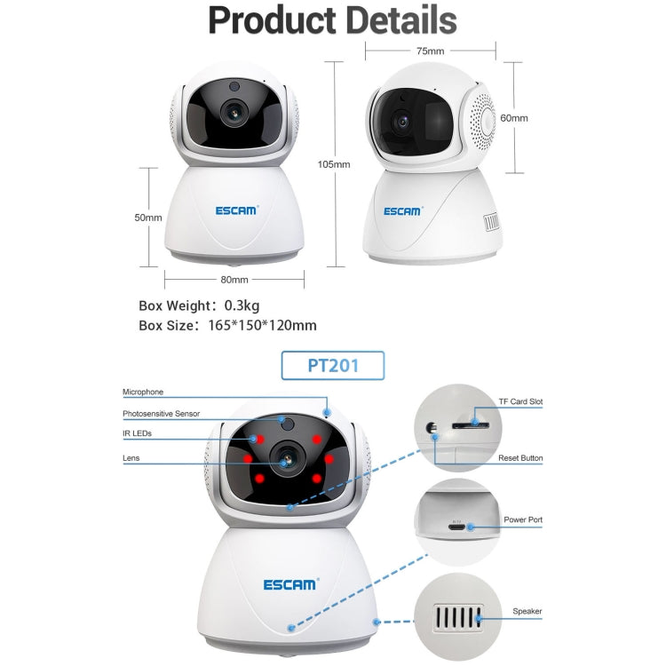 ESCAM PT201 HD 1080P Dual-band WiFi IP Camera, Support Night Vision / Motion Detection / Auto Tracking / TF Card / Two-way Audio, AU Plug