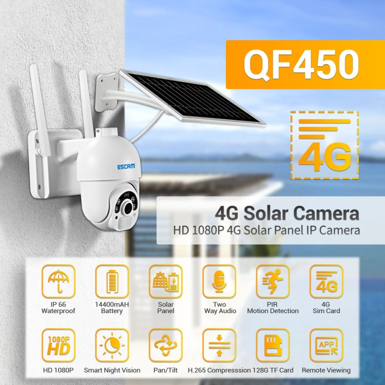 ESCAM QF450 HD 1080P 4G US Version Solar Powered IP Camera with 16G Memory, Support Two-way Audio & PIR Motion Detection & Night Vision & TF Card