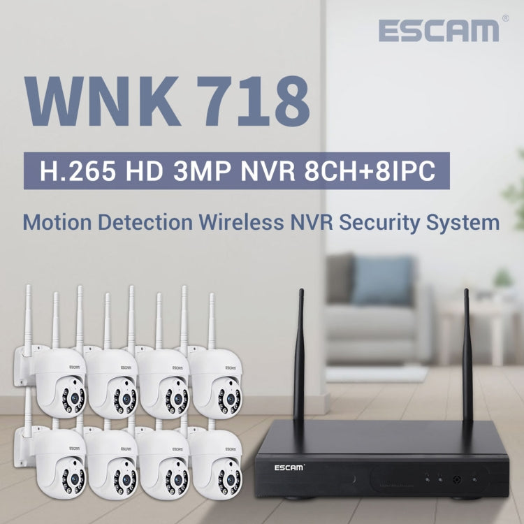 ESCAM WNK718 HD 3.0 Million Pixels 8-channel Wireless + 8IPC Wireless NVR Security System, AU Plug