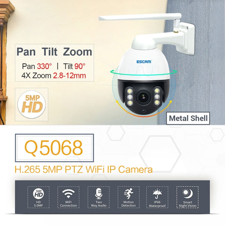 ESCAM Q5068 H.265 5MP Pan / Tilt / 4X Zoom WiFi Waterproof IP Camera, Support ONVIF Two Way Talk & Night Vision, EU Plug