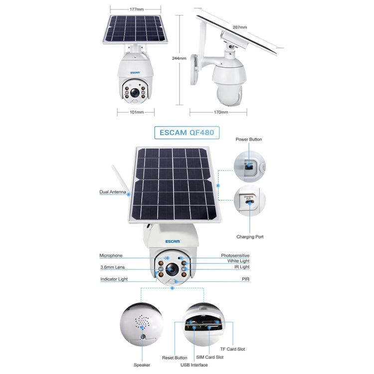 ESCAM QF480 US Version HD 1080P IP66 Waterproof 4G Solar Panel PT IP Camera with Battery, Support Night Vision / Motion Detection / TF Card / Two Way Audio (White)