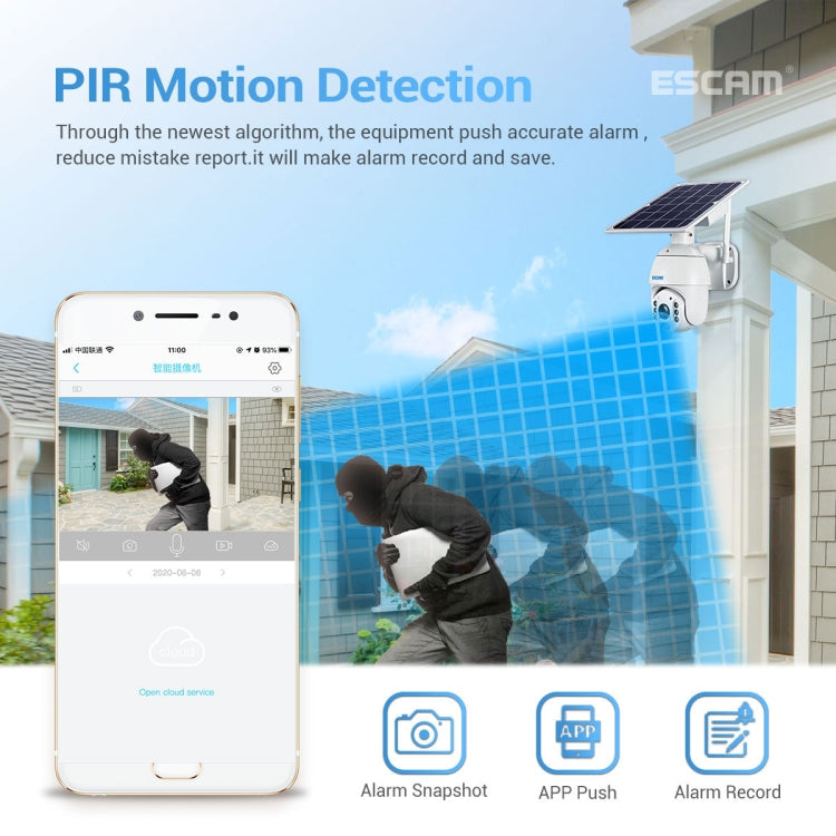 ESCAM QF480 US Version HD 1080P IP66 Waterproof 4G Solar Panel PT IP Camera with Battery, Support Night Vision / Motion Detection / TF Card / Two Way Audio (White)