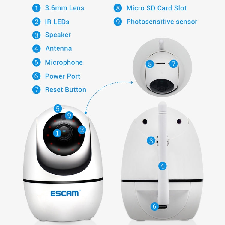ESCAM PVR008 HD 1080P WiFi IP Camera, Support Motion Detection / Night Vision, IR Distance: 10m, EU Plug