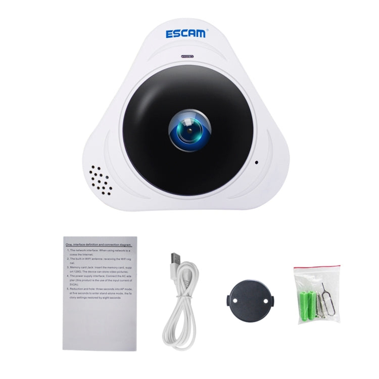 ESCAM Q8 960P 360 Degrees Fisheye Lens 1.3MP WiFi IP Camera, Support Motion Detection / Night Vision, IR Distance: 5-10m, EU Plug(White)