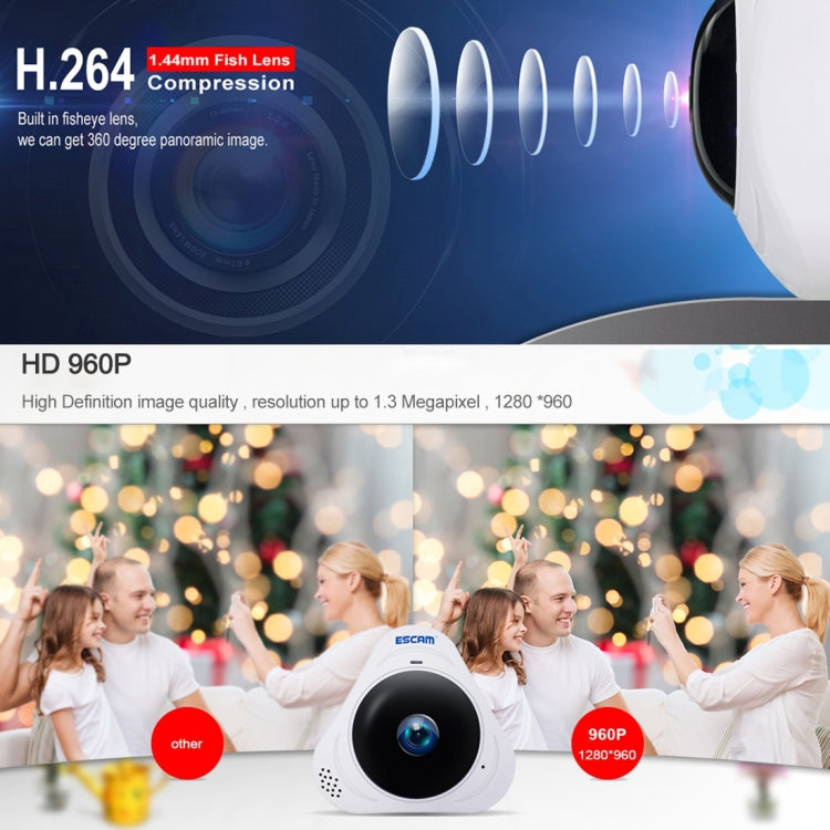 ESCAM Q8 960P 360 Degrees Fisheye Lens 1.3MP WiFi IP Camera, Support Motion Detection / Night Vision, IR Distance: 5-10m, UK Plug(White)