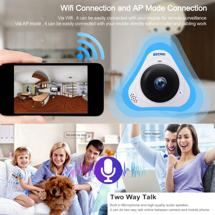ESCAM Q8 960P 360 Degrees Fisheye Lens 1.3MP WiFi IP Camera, Support Motion Detection / Night Vision, IR Distance: 5-10m, US Plug(White)