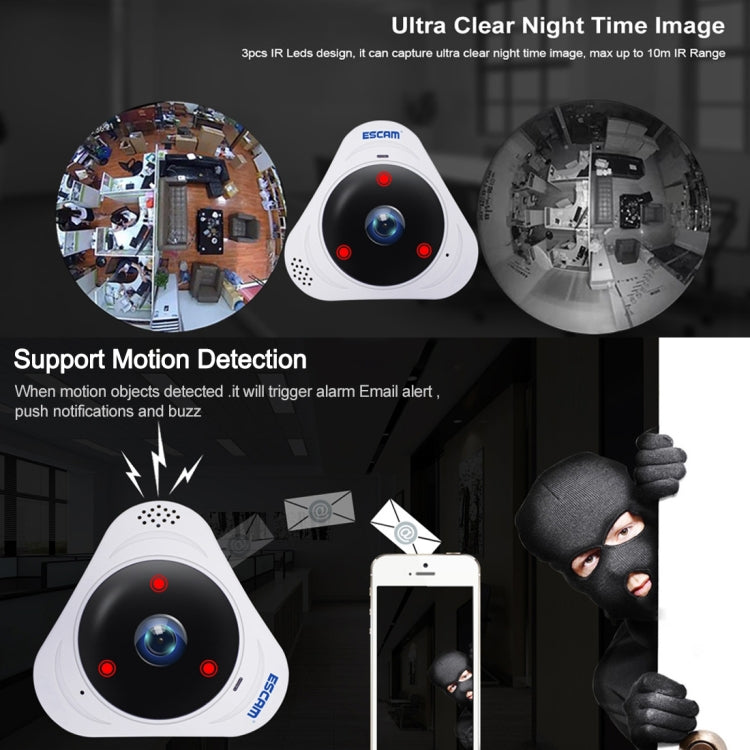 ESCAM Q8 960P 360 Degrees Fisheye Lens 1.3MP WiFi IP Camera, Support Motion Detection / Night Vision, IR Distance: 5-10m, AU Plug(White)