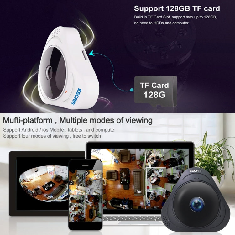 ESCAM Q8 960P 360 Degrees Fisheye Lens 1.3MP WiFi IP Camera, Support Motion Detection / Night Vision, IR Distance: 5-10m, AU Plug(White)