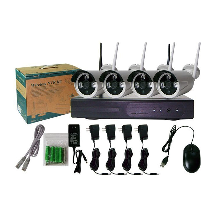 4CH HD 720P 1.0 Mega Pixel 2.4GHz WiFi IP Bullet Camera + NVR Kit