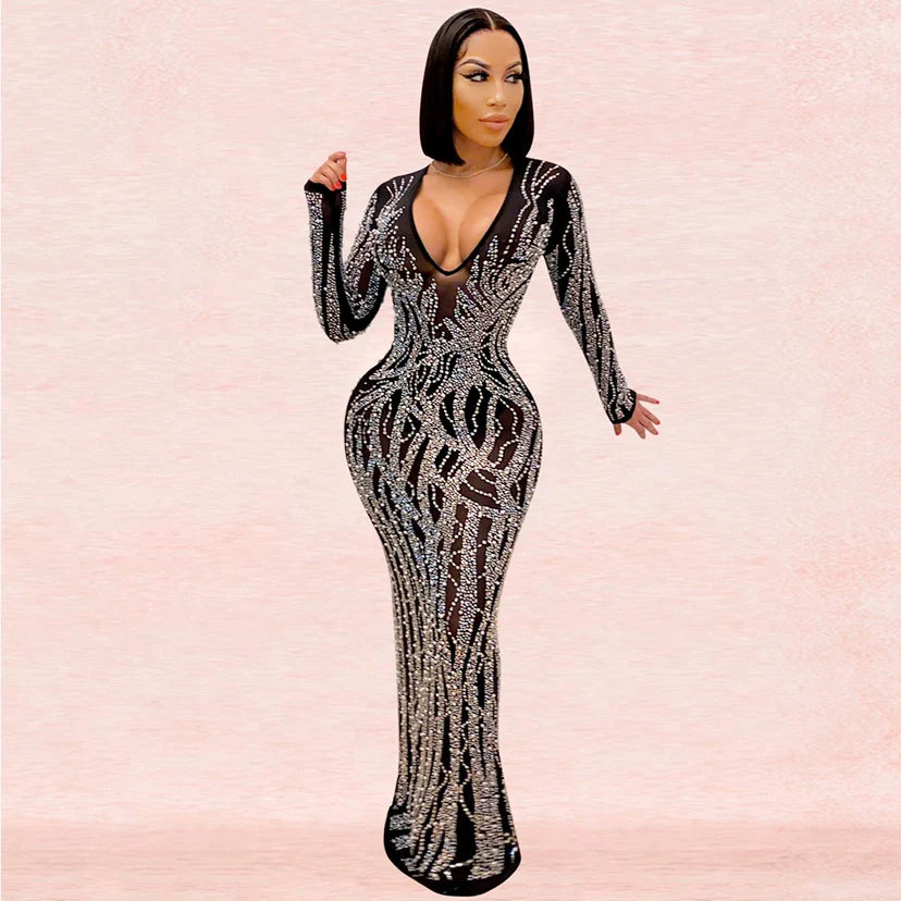 Women's Mid Slit Rhinestone Sheer Mesh Dress