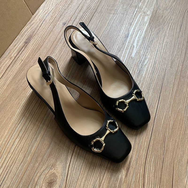 Square Toe High Heel Genuine Leather Retro Chunky Heel Sandals